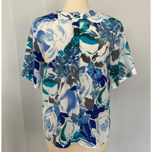 Vintage Blouse Top Size 12 Blue White Floral Short Sleeve Button Casual Office